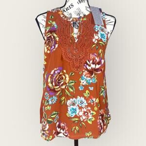 Daniel Rainn Keyhole Crochet Sleeveless Floral Tank Rust XSP Petite NWT